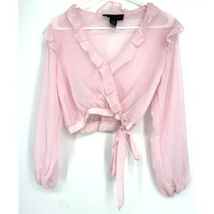 Know One Cares Sheer Top Womens Small Pink Side Tie Ruffle V Neck Coquette Y2K